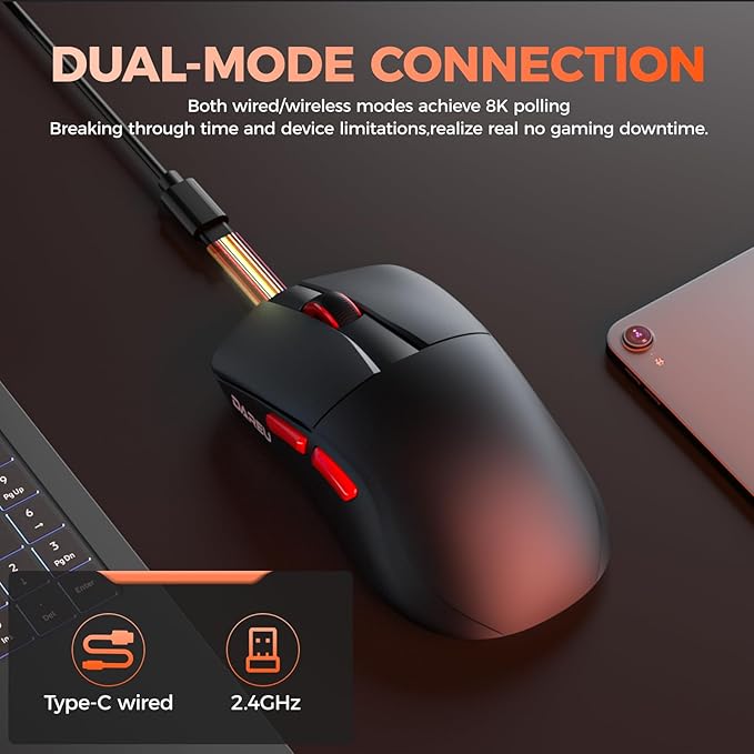 DAREU A950 Wing Ultralight Wireless Gaming Mouse 1.23oz (35g), Custom PAW3950 Optical Sensor,30K DPI, Wired/Wireless Dual 8000 Polling Rate, Symmetrical, 5 Programmable Buttons,70H Battery, Web Hub
