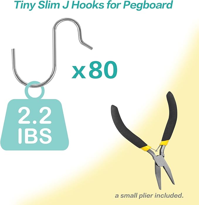 Small Pegboard J Hooks - 80pcs Metal Peg Board Hangers for Tiny Holes - Anti-fall Universal Fit Pegboard Wall Organizer Jewelry Tools Holders for Retailer Garage Craft Office Display Storage (Silver)