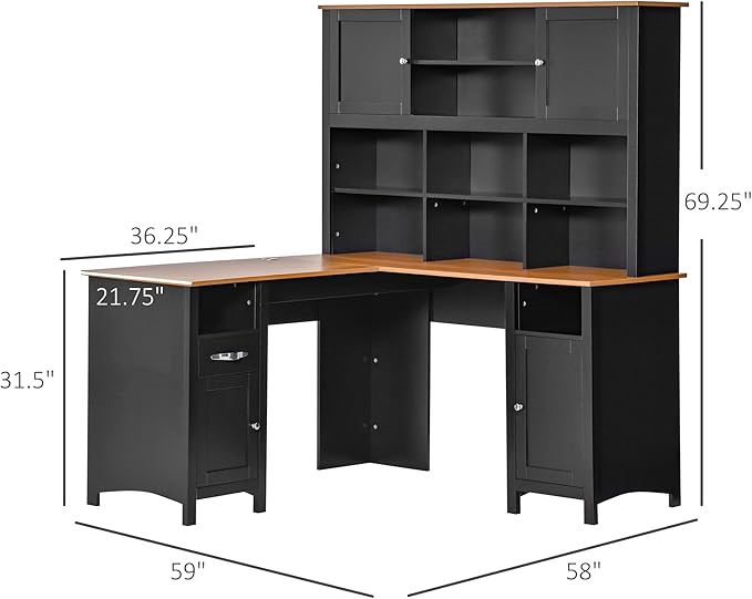 HOMCOM L Shaped Computer Desk with Hutch, 59" Corner Desk, Space Saving Home Office Desk with Storage Shelves, Drawer and Cabinet, Black