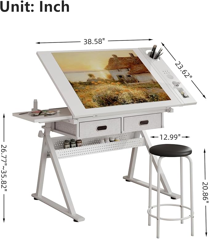 Drafting Table, Height Adjustable Drawing Table Art Table with Stool, 0-75° Tilted Tabletop Artist Desk Painting Table with Storage for Home Office School, Type 4-All White
