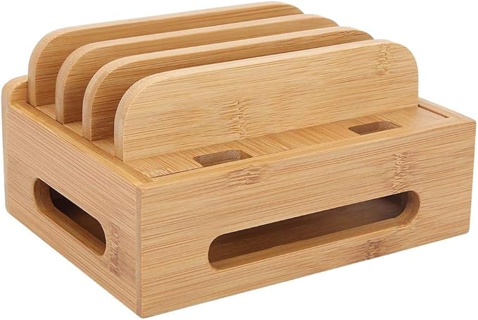 Oumefar Bamboo Multi-Device Stand Holder Charging Station Phone Tablet Charger Organizer 4 in 1 Charging Station for Multiple Devices for Meeting Rooms Restaurants Hotels and Homes