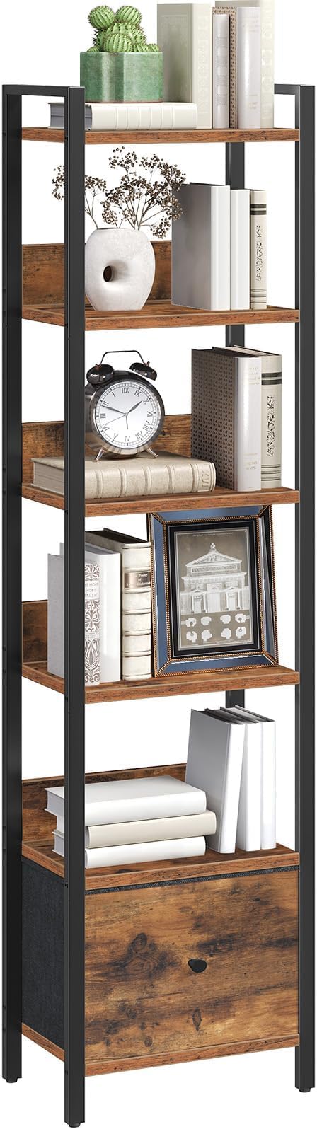 MAHANCRIS Bookshelf, 6-Tier Bookcase with Drawer, Small Book Shelf for Small Space, Storage Shelf Organizer, for Living Room, Bedroom, Study, Kitchen, Rustic Brown and Black BKHR66101