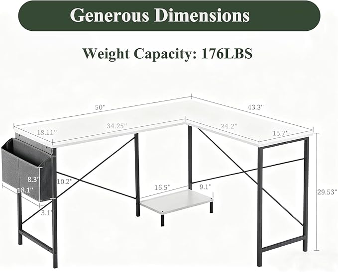 L Shaped Desk, 50 Inch Reversible Computer Desk Corner Gaming Table with CPU Stand & Storage Bag, Sturdy Metal Frame PC Workstation for Home Office, White Wood