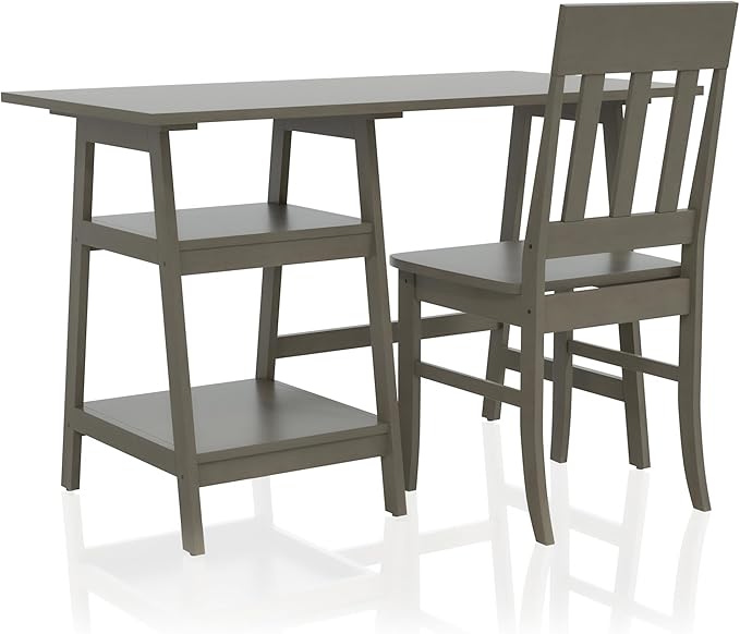 24/7 Shop at Home Myrrh Cottage 2-Piece Wood Storage Writing Desk with 2 Shelves and Chair Set for Workstation, Home Office, Study Room, Gray