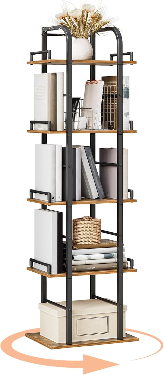 YATINEY 5 Tier Rotating Bookshelf, Freestanding Corner Bookshelf, 360 Spinning Bookcase Tower, Tall Industrial Style Organizer, Storage Shelf Bookcase for Living Room, Study, Rustic Brown SJ02BR
