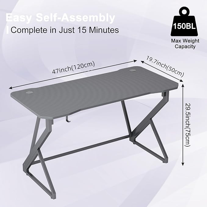 Grandder Gaming Desk Z Shaped 47 Inch Gamer Workstation, Home Computer Carbon Fiber Surface Gaming Desk PC Table with Headphone Hook, Carbon Fiber Grey