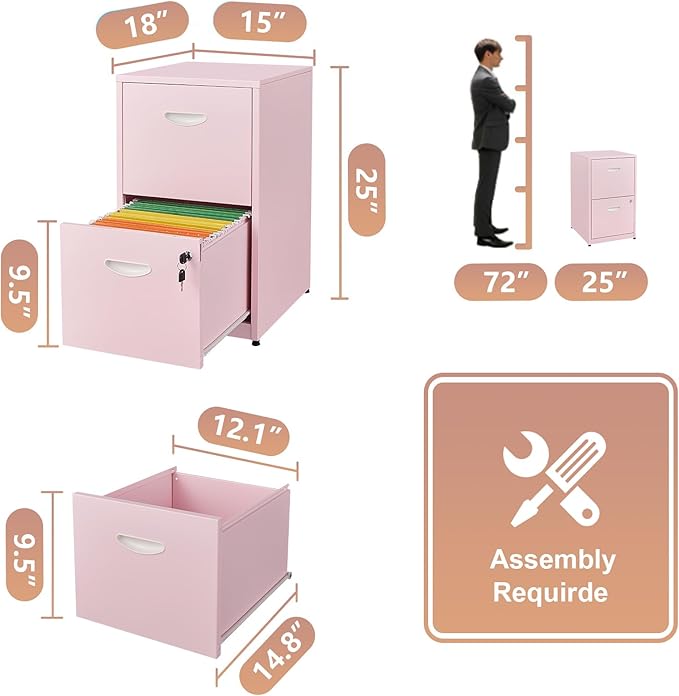 Polup Pink Under Desk File Cabinet, 2 Drawer Locking Cabinet for Home Office, Letter Size - Assembly Required