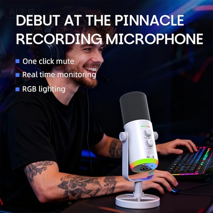 USB/XLR Desktop Dynamic Microphone with RGB Lighting, Noise Reduction, Mute Button & Headphone Jack - Podcast, Gaming, Streaming Mic for PC & Computer (White)