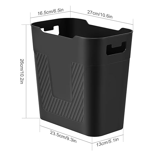 Small Black Trash Can Wastebasket, 2.9 Gallon Plastic Garbage Can Waste Basket for Narrow Spaces Bathrooms Laundry Room Kitchens Offices Kids Rooms (Black)