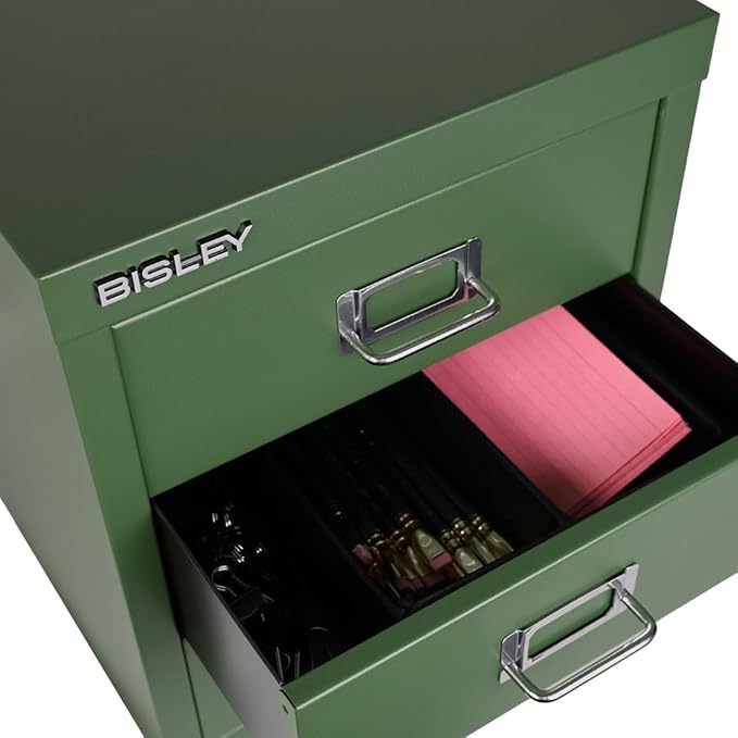 Bisley 3-Drawer Steel MultiDrawer Cabinet - Olive Green, Chrome Pull Handles with Label Holders, Powder-Coated Steel, Removable Drawers, Desktop Storage, Labels Included