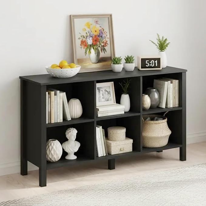 6-Cube Bookcase, Farmhouse Wooden Bookshelf Low Storage Organizer, 45" Horizontal Black Console with Legs, Hallway Book Case for Entryway, Display Cabinet for Living Room (Black, 6-Cube)
