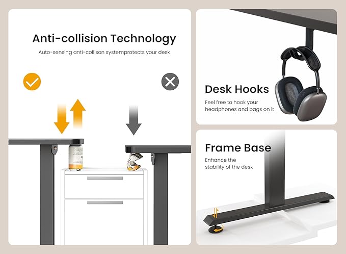 BANTI 55 × 24 Inches Standing Desk, Ergonomic, Electric Height Adjustable, Sit and Stand Up, Computer Office Desk with Splice Board, Black Frame/Black Top