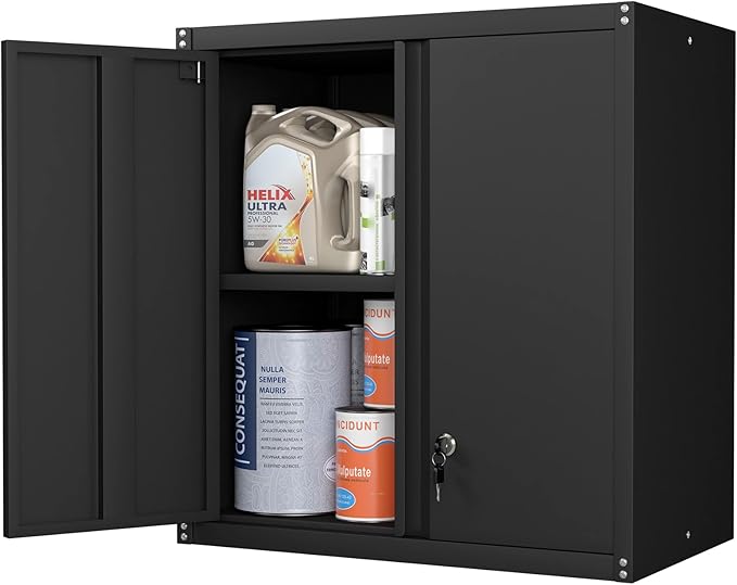 Metal Wall Cabinet, Steel Cabinet Wall Mounted, Lockable Storege Cabinet with Doors and Shelves, Upper Cabinets for Home Office, Pantry, Garage, Black
