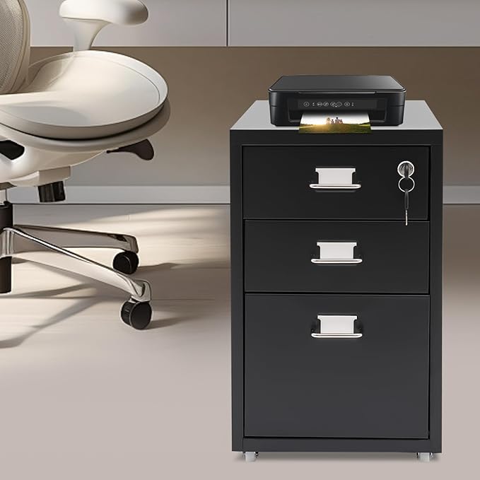 3 Drawer File Cabinet with Lock, Metal Vertical Filing Cabinets for Home Office Organizer Rolling File Cabinet with Lock and Wheels Under Desk Storage Cabinet (Black)