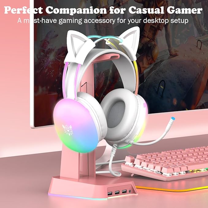 Cat Ear Gaming Headset with Mic, RGB Rainbow Lighting, Surround Sound, 3.5mm Wired Over-Ear Headphones for PC/Switch/Laptop, Lightweight and Adjustable Headband