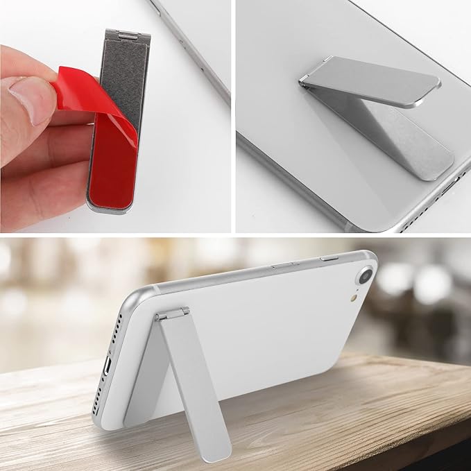 TIESOME Ultra-Thin Cell Phone Holder, Adjustable Mini Alloy Phone Kickstand Portable Foldable Phone Stand Adjustable Angle for Mobile Phone Tablet Universal Model (Silver)