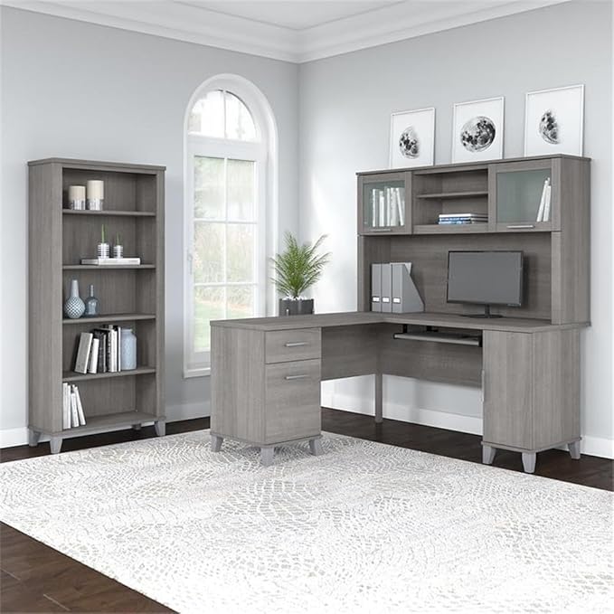 Pemberly Row 60W L Shaped Desk with Hutch and 5 Shelf Bookcase, Gray Finish, Engineered Wood, Wire Management, Pull-Out Tray, Storage Drawers, Frosted Glass Doors, Home Office Furniture Set