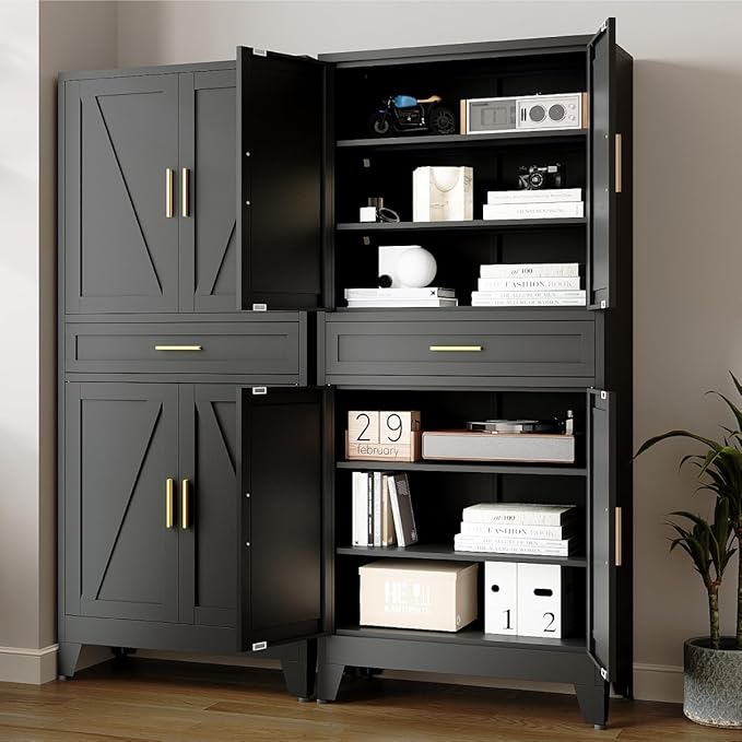 Washsemba 71 "Farmhouse Metal Filing Cabinet with a Drawer and 4 Adjustable Shelves, with 4 Large barn Door Black Kitchen Cabinets, Metal Food Cabinets for Home, Kitchen, Dining/Living Room (Black)
