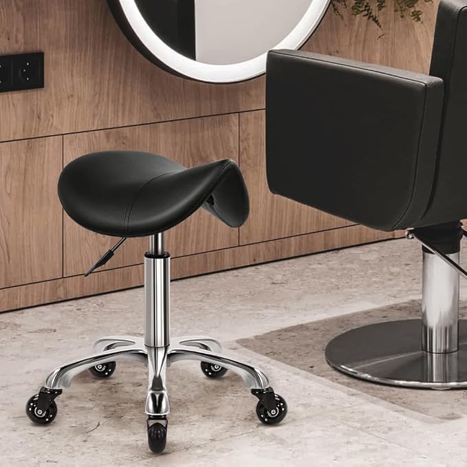 WKWKER Heavy Duty Saddle Rolling Stool with Wheels Hydraulic Swivel Adjustable Rolling Stool Ergonomic Thick Leather Seat Chair for Kitchen Drafting Lab Office Salon Massage – Black
