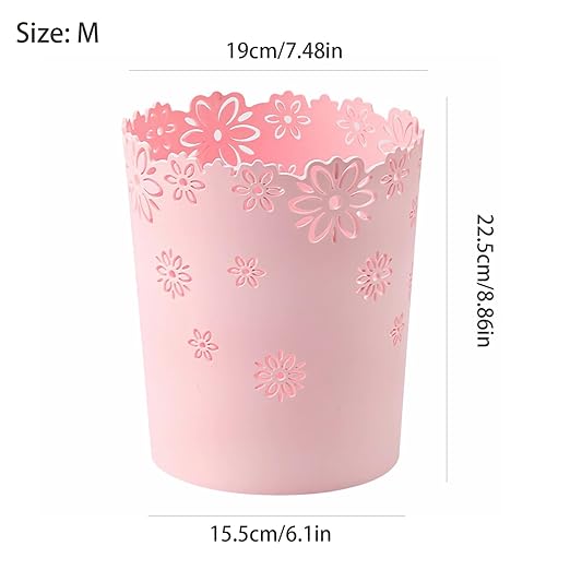 Mini Wastebasket 1.8 Gallons Small Pink Trash can Room Decor Hollow Flower Shape Plastic Lidless Round Garbage Container Bin for Bathroom, Kitchen, Bedroom, Home Office, College Dormitory (Pink, M)
