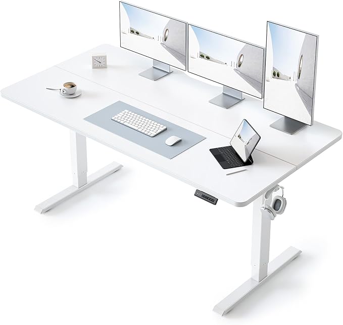 BANTI 63 × 28 Inches Standing Desk, Ergonomic, Electric Height Adjustable, Sit and Stand Up, Computer Desk with a Deeper Desktop, White Frame/Whitetop