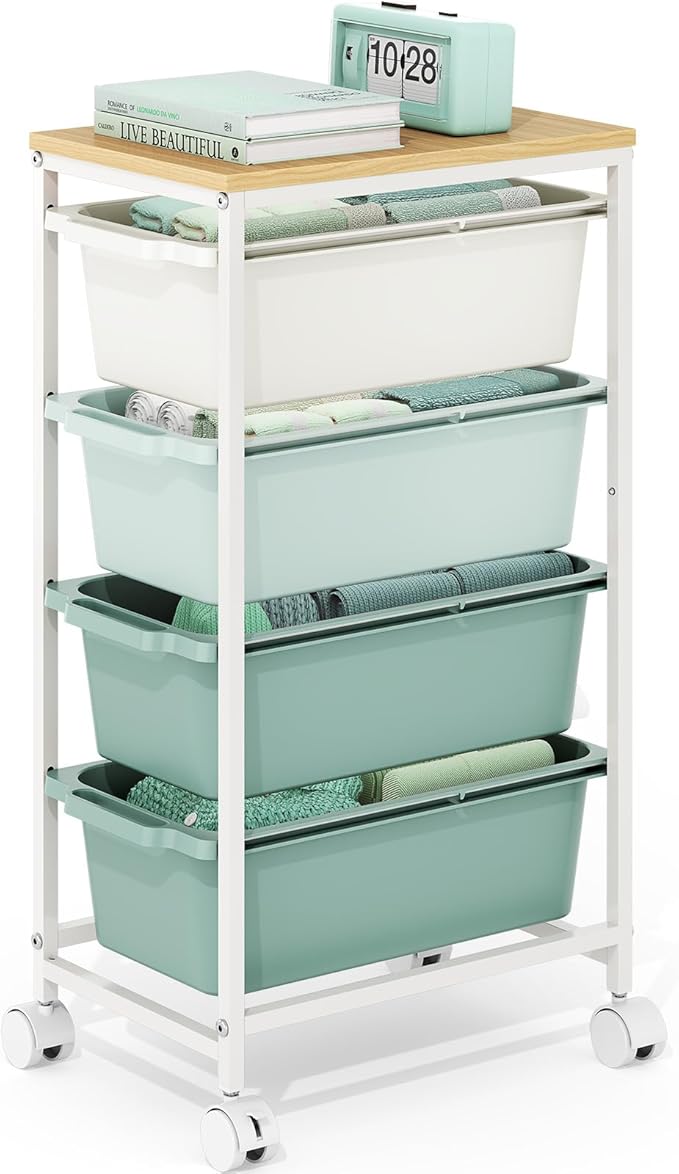 Rolling Storage Cart with 4 Drawers, Craft Organizer, Wooden Tabletop Utility Cart for Bedroom, Children's Room and Office Organization, Table Side Trolley with Lockable Wheels, Green