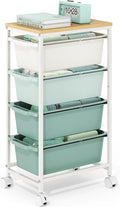 Rolling Storage Cart with 4 Drawers, Craft Organizer, Wooden Tabletop Utility Cart for Bedroom, Children's Room and Office Organization, Table Side Trolley with Lockable Wheels, Green