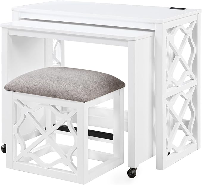 Desks and Stool Set 3pc White Finish Rolling Desk with Casters, 2 Charging Ports Home Office Furniture(White)
