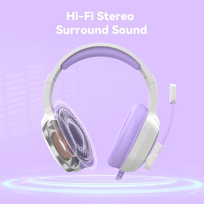 Gaming Headset with Microphone for Pc, Xbox One Series X/s, Ps4, Ps5, Switch, Stereo Wired Noise Cancelling Over-Ear Headphones with Mic, RGB, for Computer, Laptop, Mac, Nintendo (Purple)