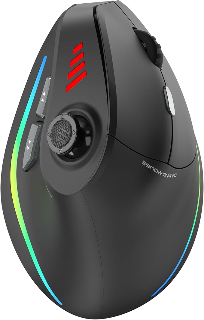 TRELC Wireless Gaming Mouse with 5 D Rocker, 24000 DPI/11 Programmable Buttons, Ergonomic Mouse for 2 Devices Connection (BT+2.4GHz), Vertical Rechargeable Mice for PC/Laptop/E-Sports/Gamer (Black)