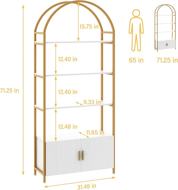 Jehiatek Gold Bookshelf, Arched Bookcase with Doors Storage, 71" Tall Industrial Book Shelf with Sturdy Metal Frame, E1 Quality Boards, Freestanding Display Shelving Unit, White and Gold
