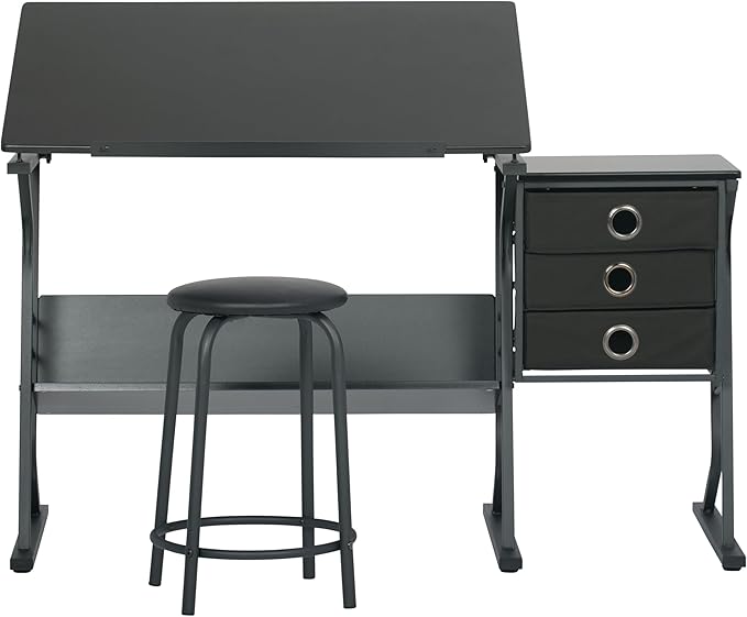 2 Piece Eclipse Ultra Center/Drawing Table with Stool, Angle Adjustable Top, Storage Shelves, and Drawers