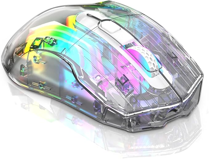 Docooler Wireless Gaming Mice with Transparent Crystal Shell, Tri-Modes(USB Wired+2.4G Wireless+Bluetooth), 3600DPI Adjustable E-Sports Mice, RGB Slient Mouse with Ergonomics Design - White/Black