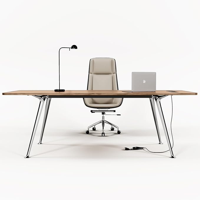 71-Inch Executive Desk, Computer Office Desk Workstation with Chrome-Plated Legs and Built-in Power Outlet, Writing Table Business Furniture, Modern Minimalist Style for Home Office, Light Brown