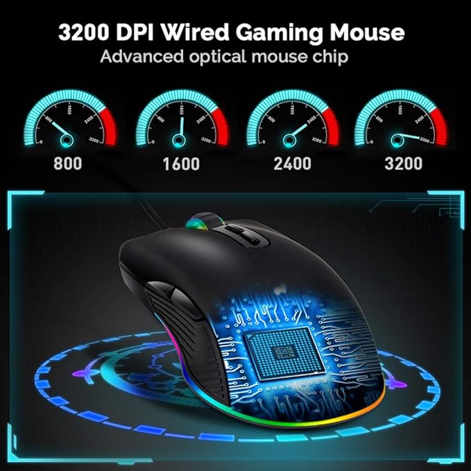 FIRSTMEMORY USB C Ergonomic Wired RGB Gaming Mouse - Optical with Adjustable DPI 800/1600/2400/3200 - Compatible with Notebook, PC, Laptop, MacBook and All Type-C Devices (Black)