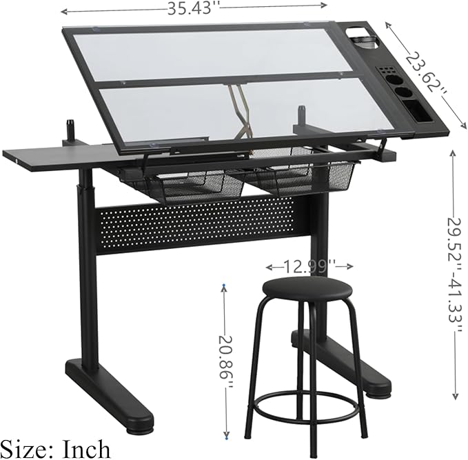 Glass Drafting Table, Height Adjustable Drawing Table with Storage & Stool, 75° Tilting Tops Art Table for Artists, Architects and Designers, Space-Saving & Specialty Options, Type 3-Black