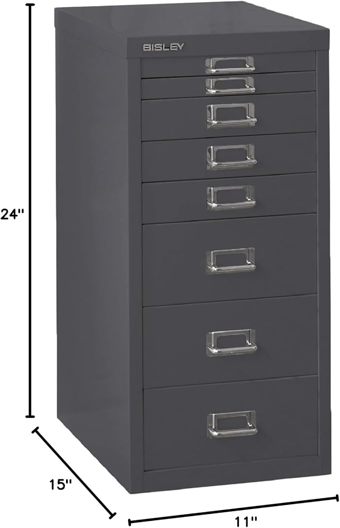 Bisley 8-Drawer Steel MultiDrawer Cabinet - Anthracite Grey, Chrome Pull Handles with Label Holders, Powder-Coated Steel, Removable Drawers, Fits Under Most Desks, Labels Included
