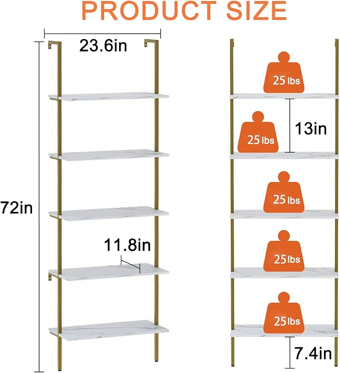 Wolawu 5 Tiers Ladder 2-Piece Shelf White Marble Modern Bookshelf Open Tall Wall Mount Bookcase Standing Leaning Wall Shelves Industrial Decorative