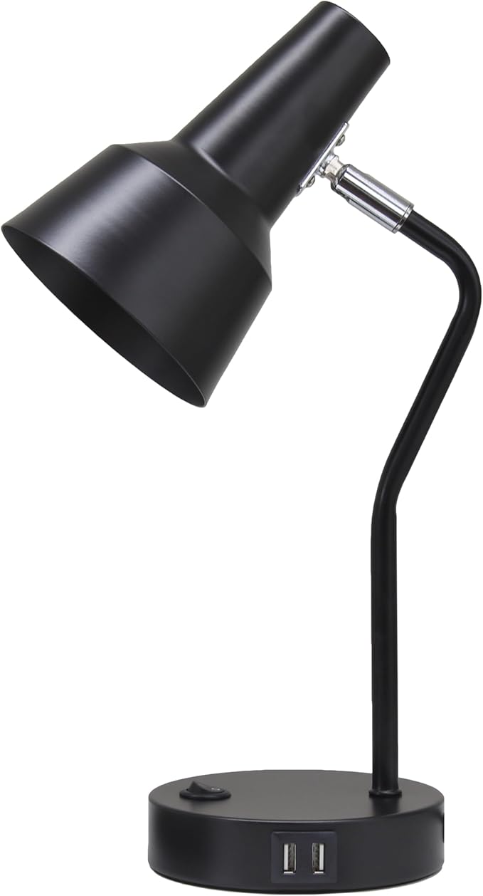 Simple Designs LD1072-BLK 15.2" Sleek Essentials Metal Cone Shade Desk Lamp with Adjustable Shade and Dual USB Ports, for Office, Desk, Nightstand, Dorm, Black