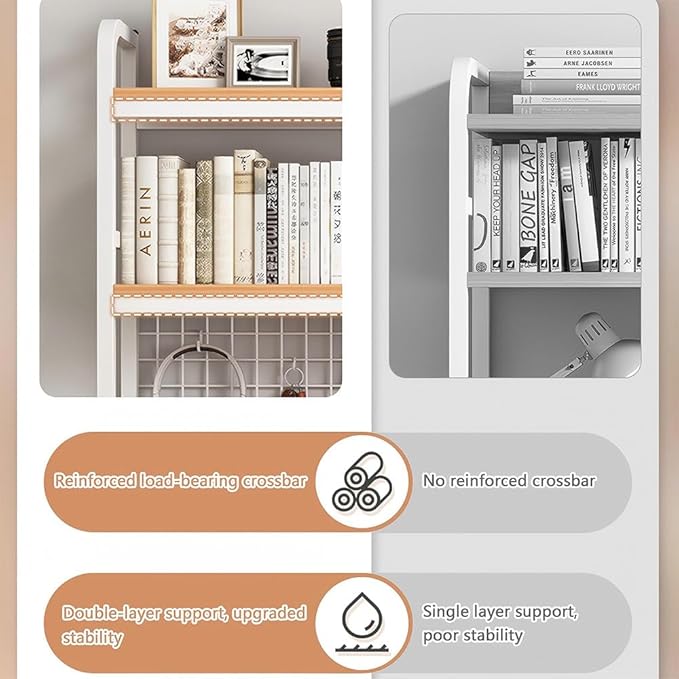Desktop Hutch Bookshelf, 2-Tier Metal Desk Shelf with Grid Panel, Wooden Desktop Display Rack for Computer Monitor, Countertop Storage Organizer for Office Home Dorm (White)