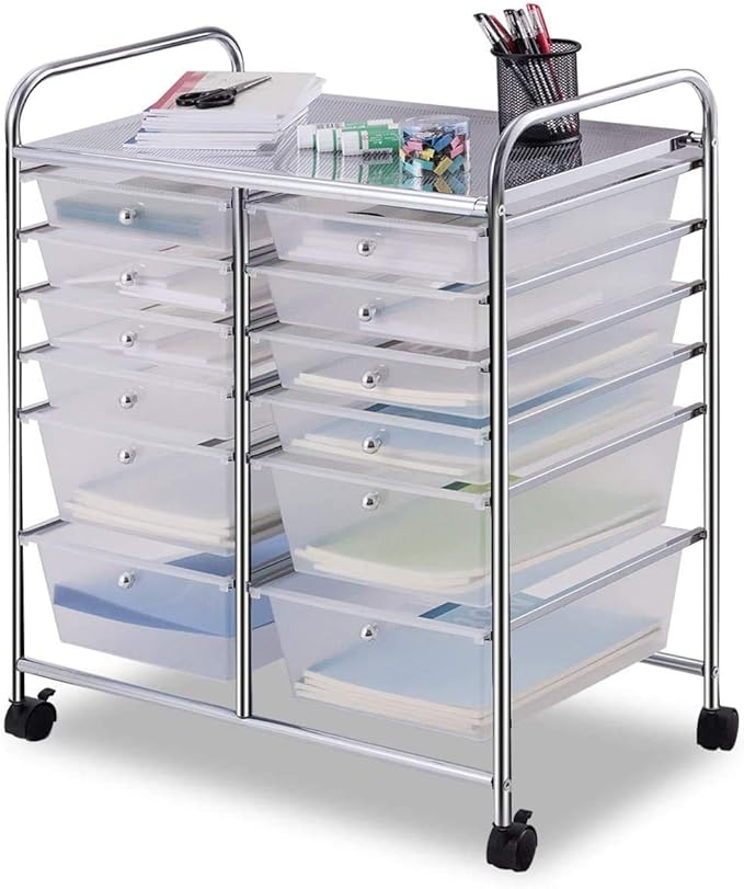 Moccha 12-Drawer Rolling Storage Cart - Under Desk Storage Drawers with wheels for Craft Art Supply Paper Salon, Scrapbook Paper Tools, Mobile Utility Cart for Classroom, Clear