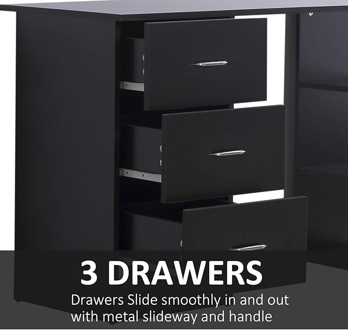 HOMCOM 47" Modern Home Office Computer Desk Bookcase Combo Writing Table Workstation with 3 Drawer and Storage Shelf - Black