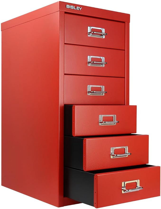 Bisley 6-Drawer Steel MultiDrawer Cabinet - Cardinal Red, Chrome Pull Handles with Label Holders, Powder-Coated Steel, Removable Drawers, Fits Under Most Desks, Labels Included