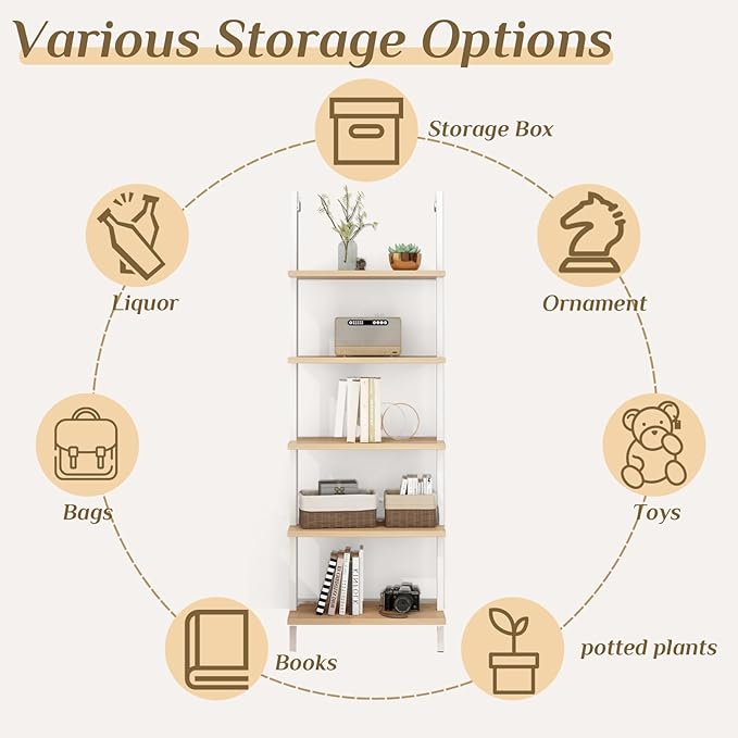 Karl home Ladder Shelf 5 Tier Wall Mounted Bookcase with Metal Frame, Open Design Shelves for Living Room, Bedroom, Home, Office, Oak Color (23.62" L x 11.81" W x 70.87" H)