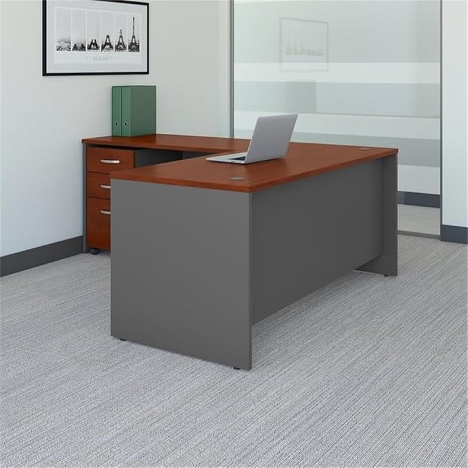 Pemberly Row Set of 2 66W L-Shaped Desk & 5-Shelf Bookcase in Hasnen Cherry