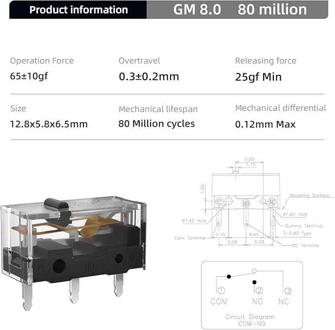 KAILH GM4.0 GM8.0 Micro Switch 60M 80MLife Gaming Mouse Micro Switch 3 Pin Black Mice Left Right Button GM 4.0 8.0 (Balck 4pcs GM8.0)