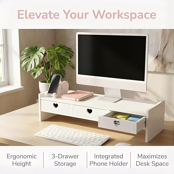 Tofficu Computer Monitor Stand Riser with 3 Drawers - Desktop Organizer with Phone Holder, White Desk Shelf for Laptop, Office Supplies & Workspace Storage