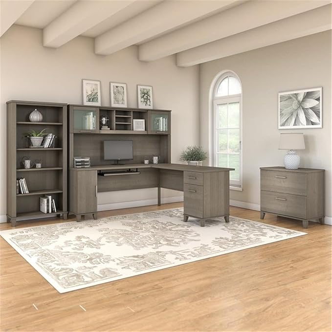 Pemberly Row 72W L Shaped Desk with Hutch, Engineered Wood, Ash Gray Finish, Includes File Cabinet and 5 Shelf Bookcase, Transitional Home or Office Furniture Set with Storage