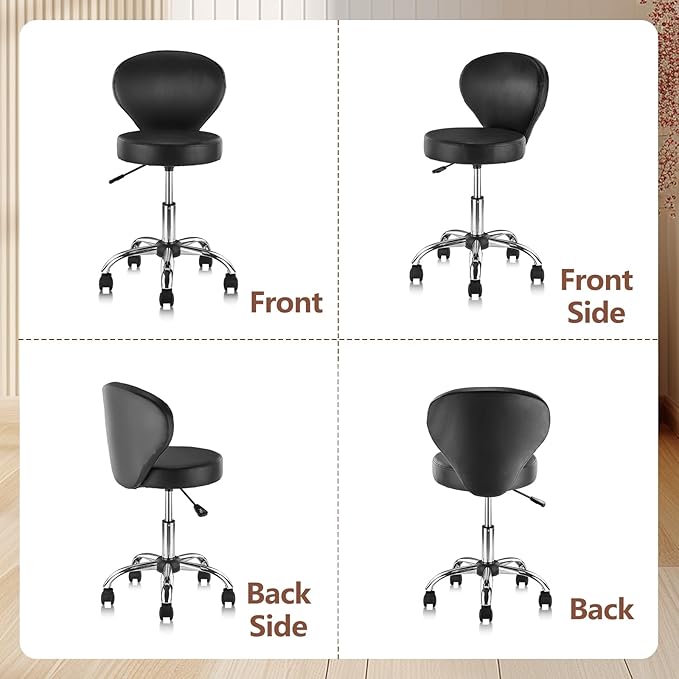 KLASIKA Pu Leather Round Rolling Swivel Salon Stool Chair, with Adjustable Height and Back Support for Office Massage Facial Spa Medical Drafting Tattoo Beauty Barber Black 1PK