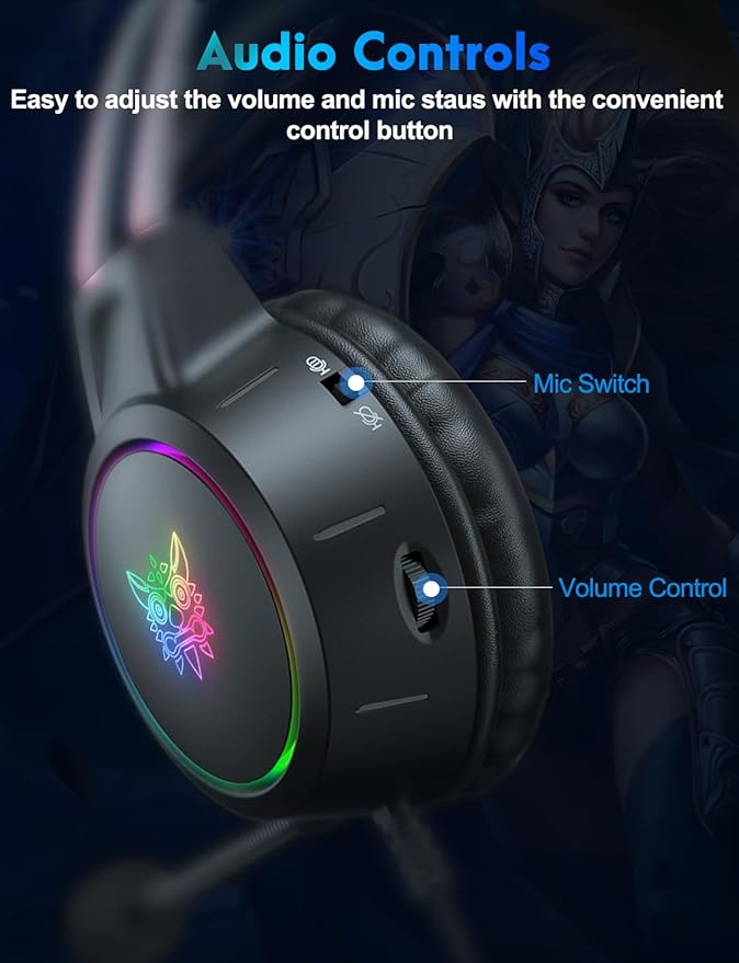 Lightweight Gaming Headset with Detachable Cat Ears, RGB Lighting, Wired Over Ear Headphones with Mic for PC, PS4, PS5, Switch, Stereo Surround Sound, Self-Adjusting Headband